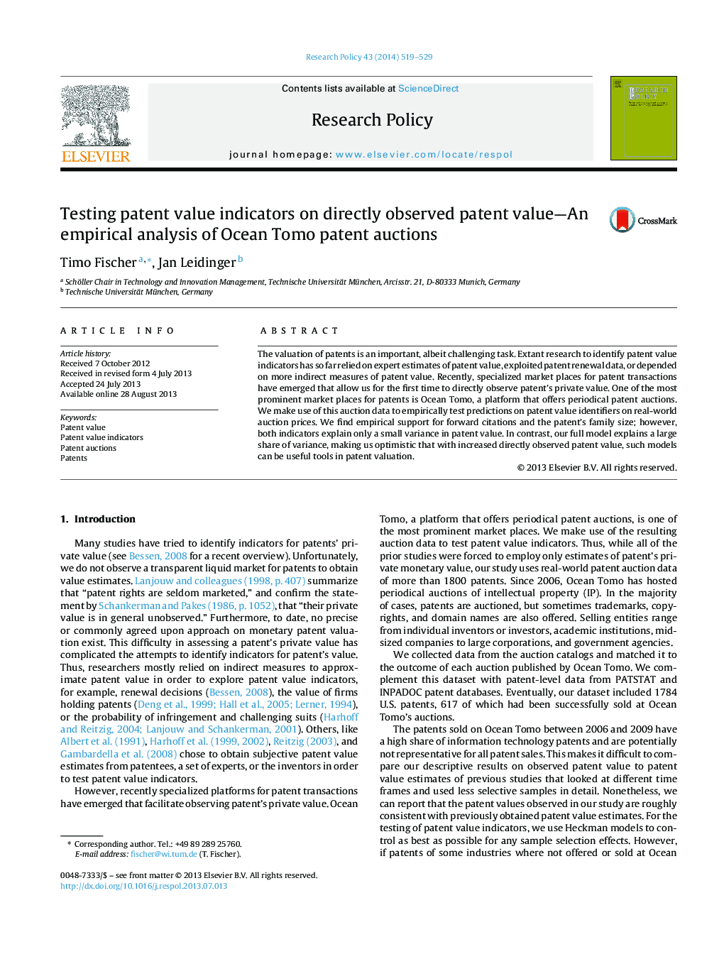 Testing patent value indicators on directly observed patent value-An empirical analysis of Ocean Tomo patent auctions