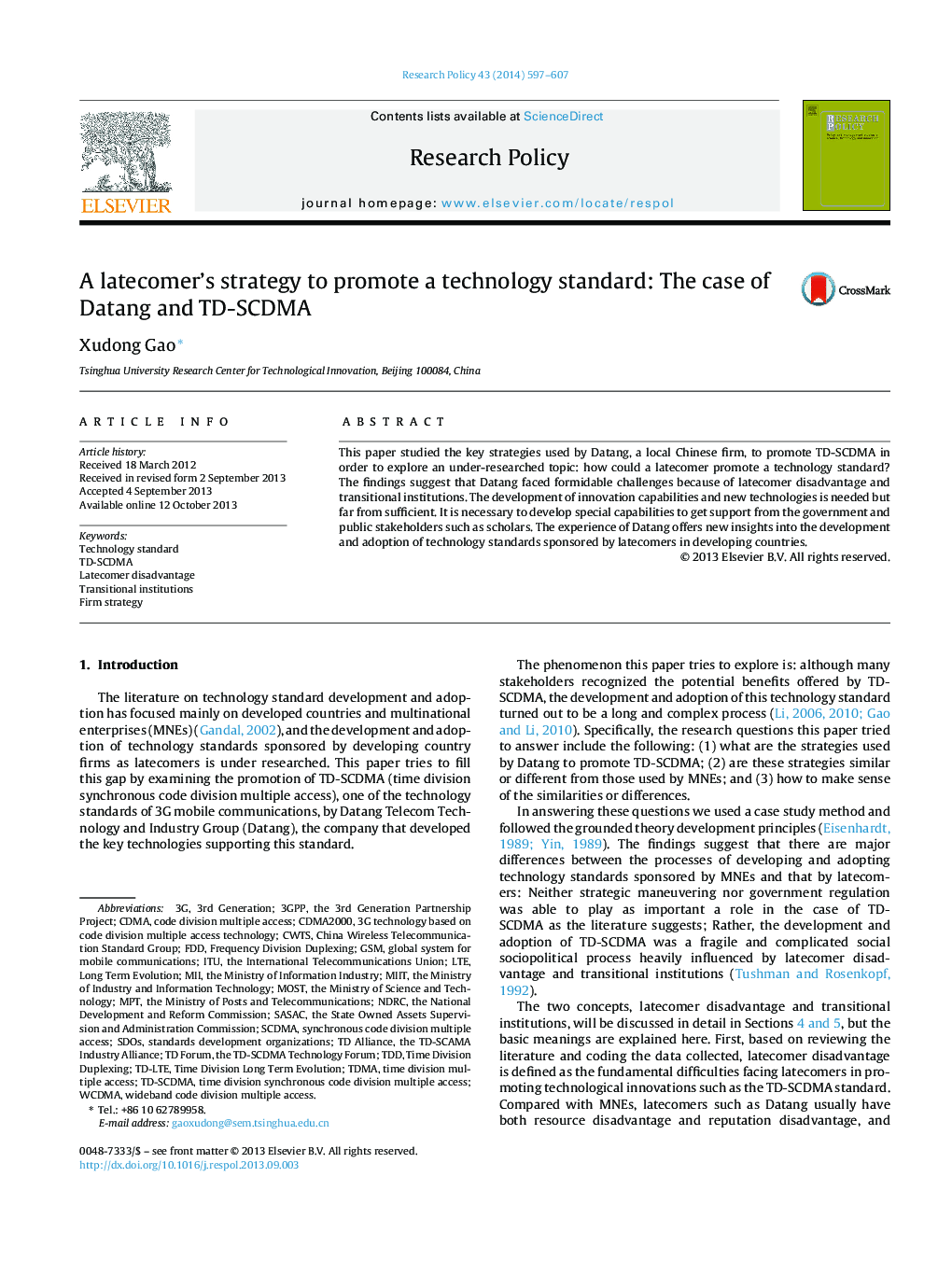 A latecomer's strategy to promote a technology standard: The case of Datang and TD-SCDMA