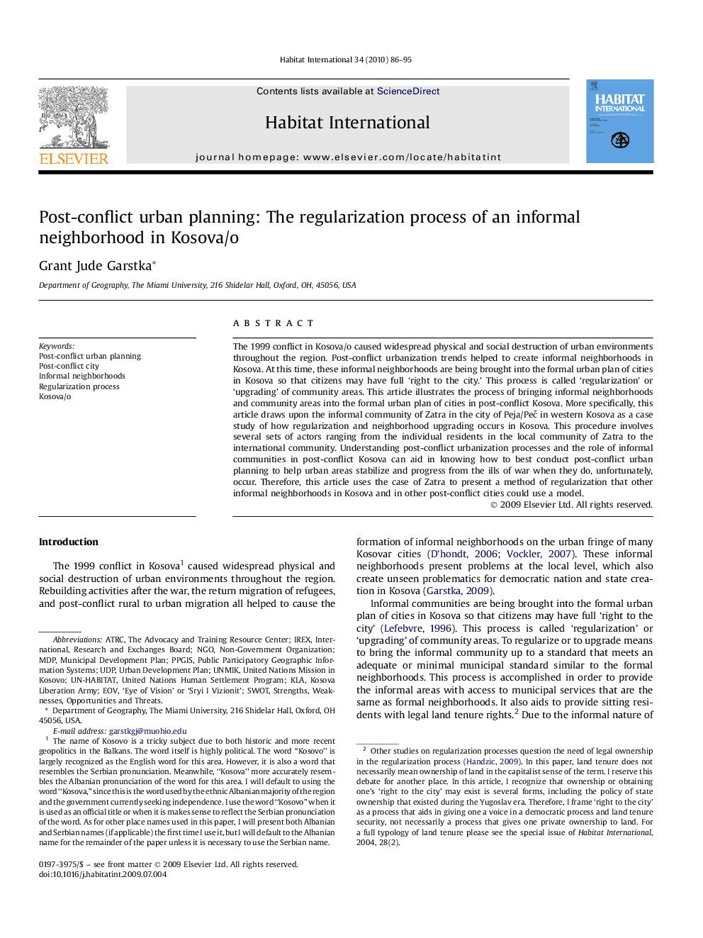 Post-conflict urban planning: The regularization process of an informal neighborhood in Kosova/o