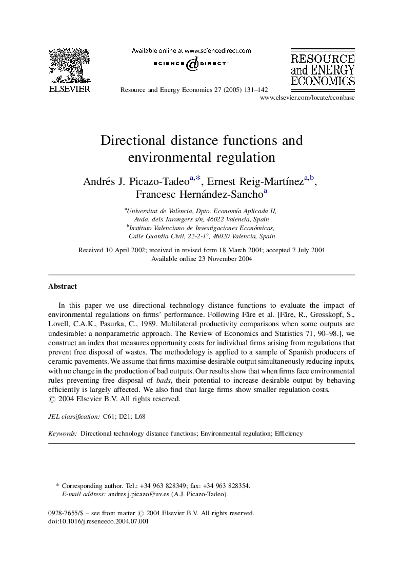 Directional distance functions and environmental regulation