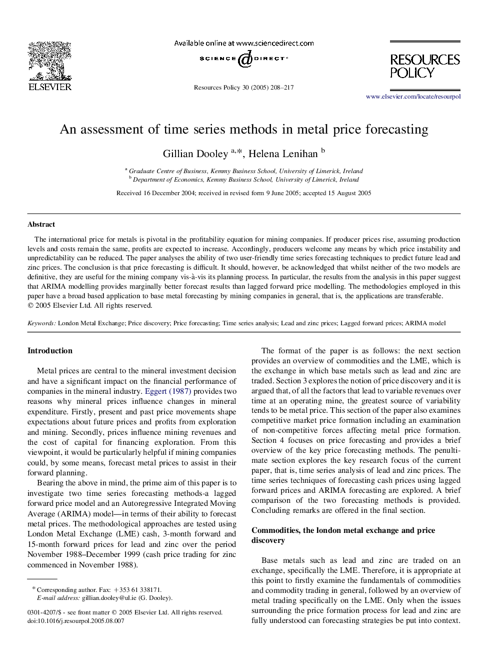 An assessment of time series methods in metal price forecasting