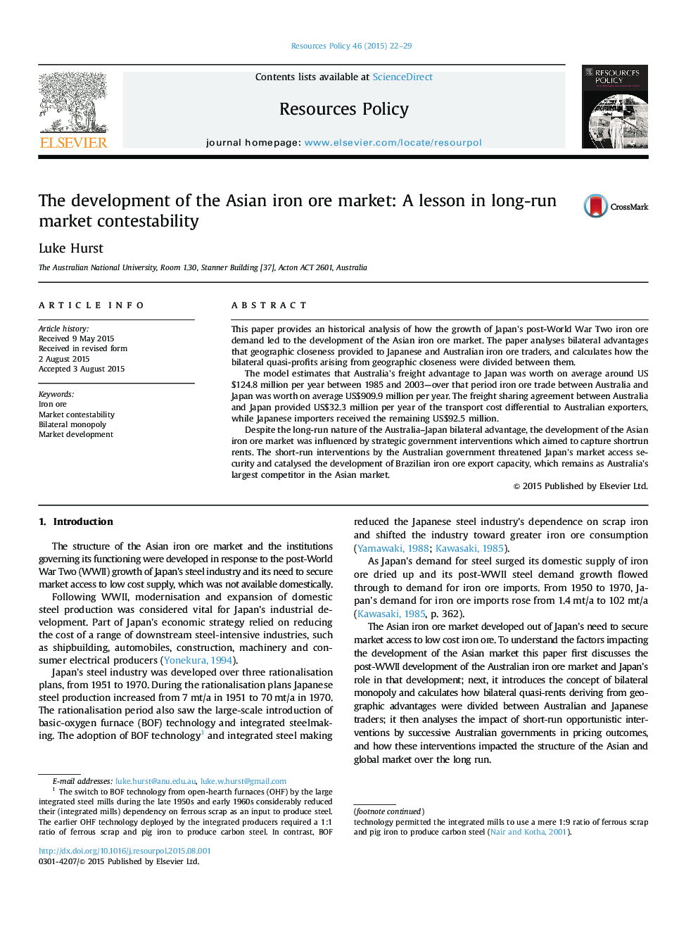 The development of the Asian iron ore market: A lesson in long-run market contestability