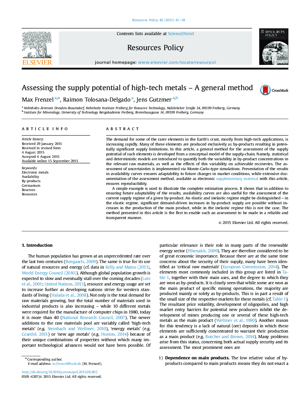 Assessing the supply potential of high-tech metals - A general method