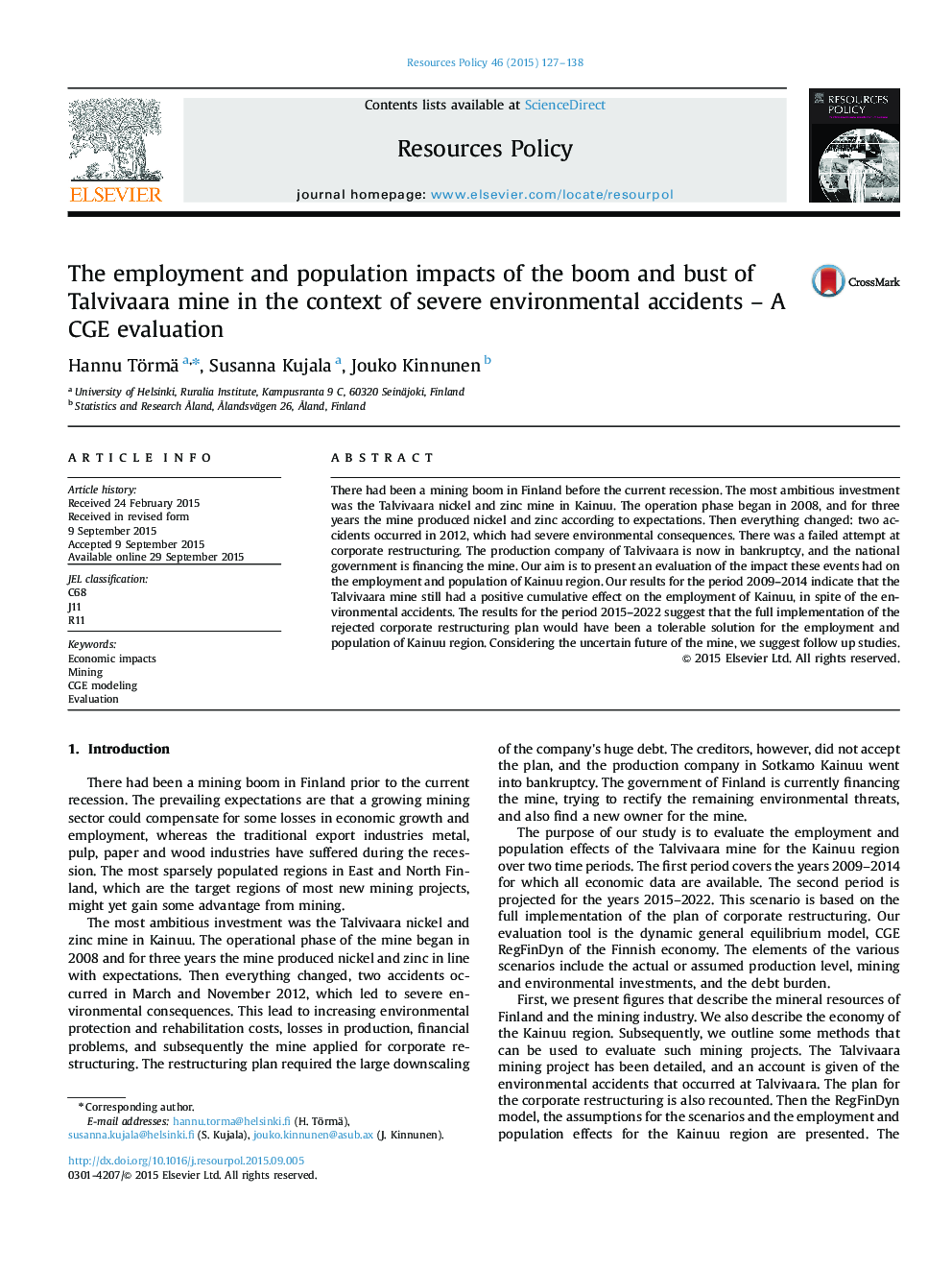 The employment and population impacts of the boom and bust of Talvivaara mine in the context of severe environmental accidents - A CGE evaluation