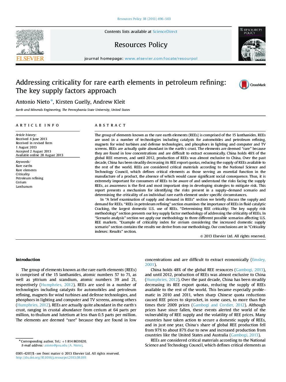 Addressing criticality for rare earth elements in petroleum refining: The key supply factors approach