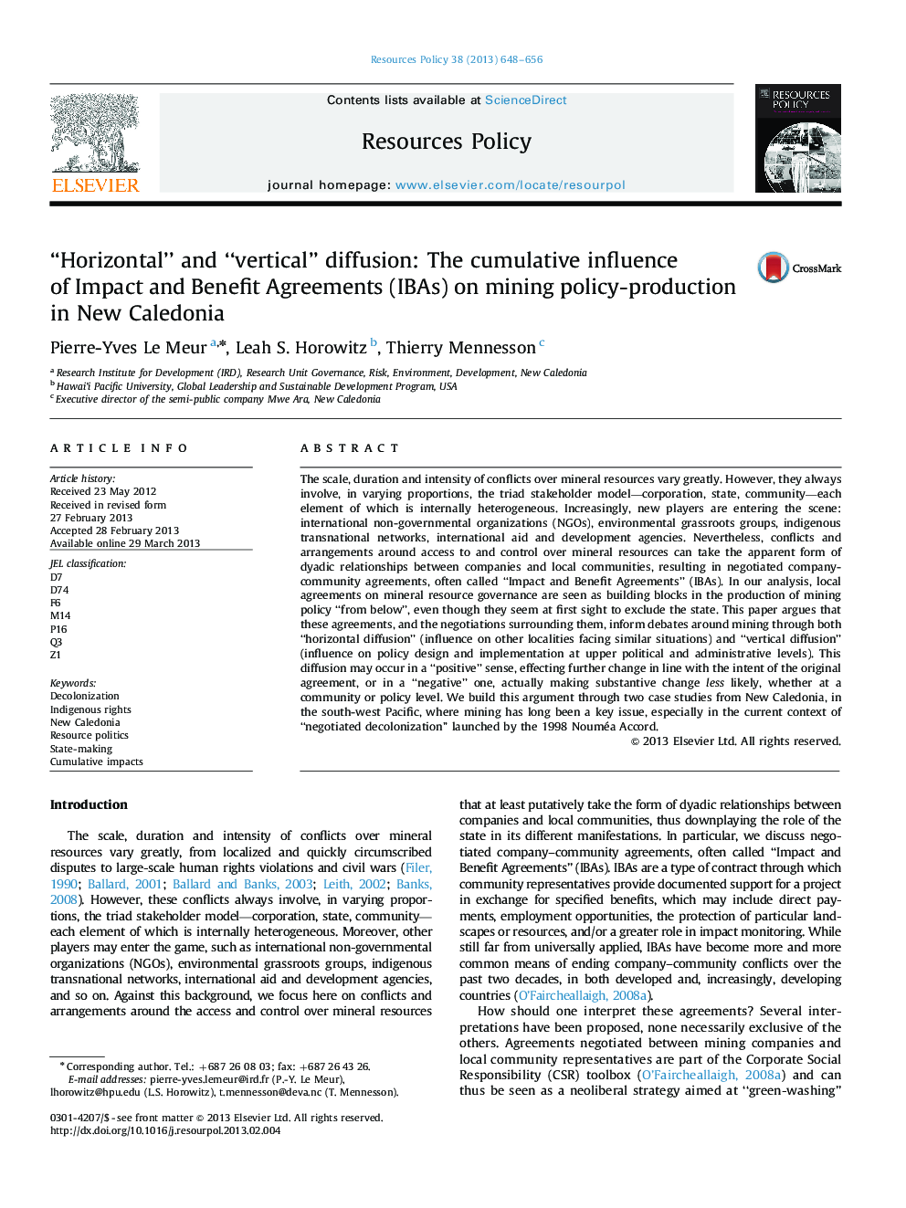 “Horizontal” and “vertical” diffusion: The cumulative influence of Impact and Benefit Agreements (IBAs) on mining policy-production in New Caledonia