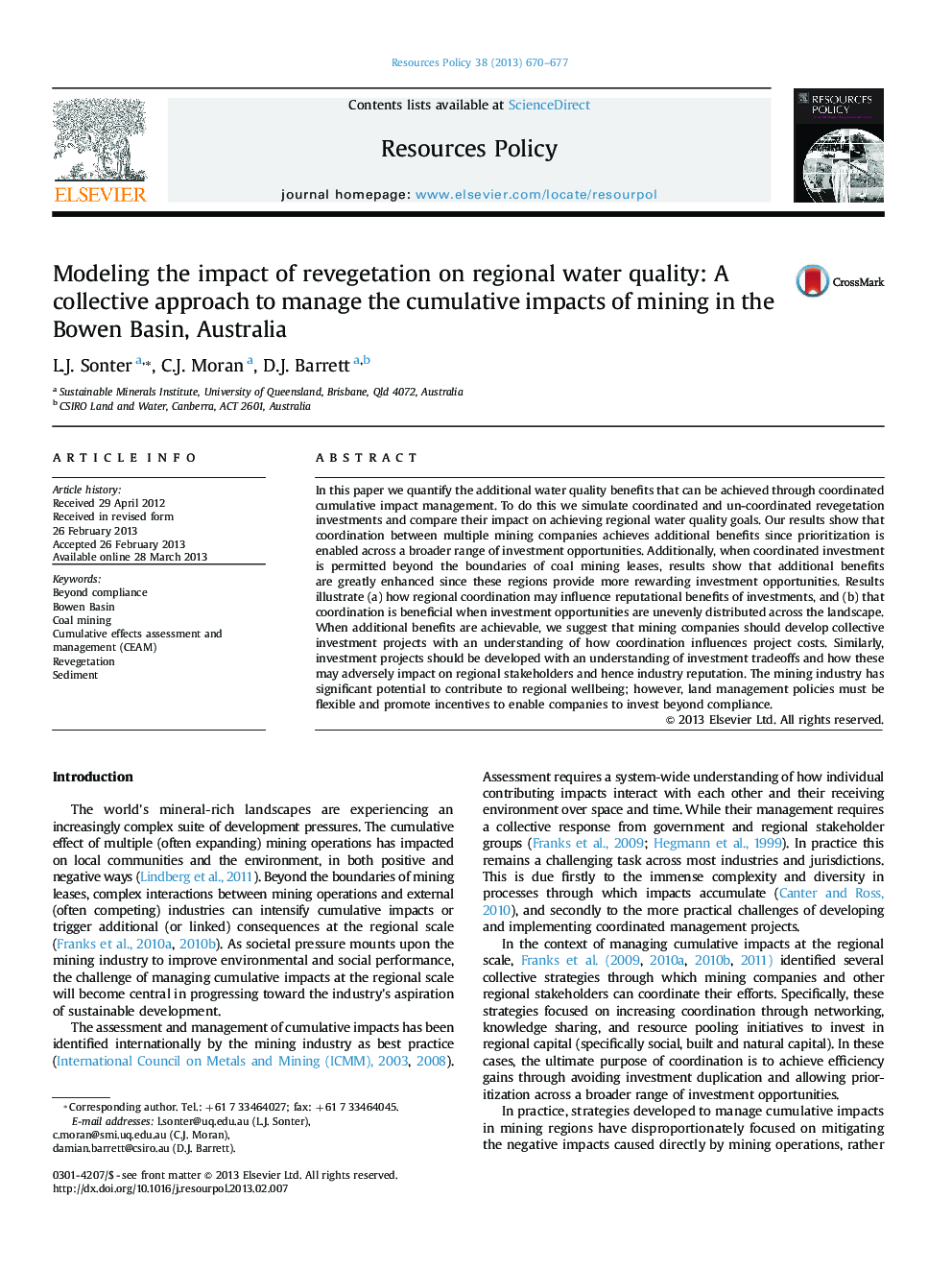 Modeling the impact of revegetation on regional water quality: A collective approach to manage the cumulative impacts of mining in the Bowen Basin, Australia