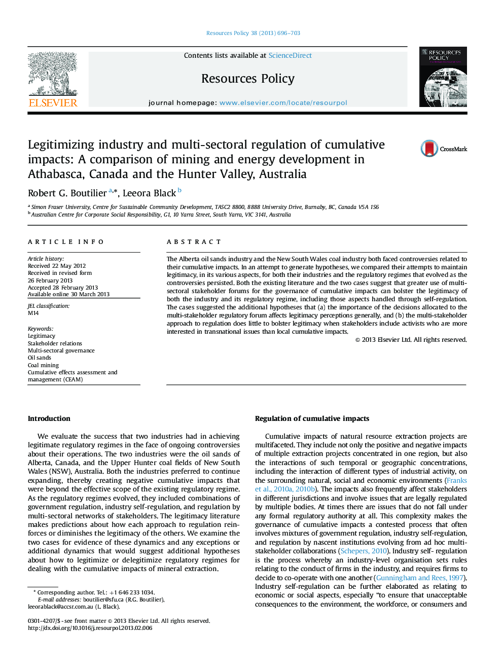 Legitimizing industry and multi-sectoral regulation of cumulative impacts: A comparison of mining and energy development in Athabasca, Canada and the Hunter Valley, Australia