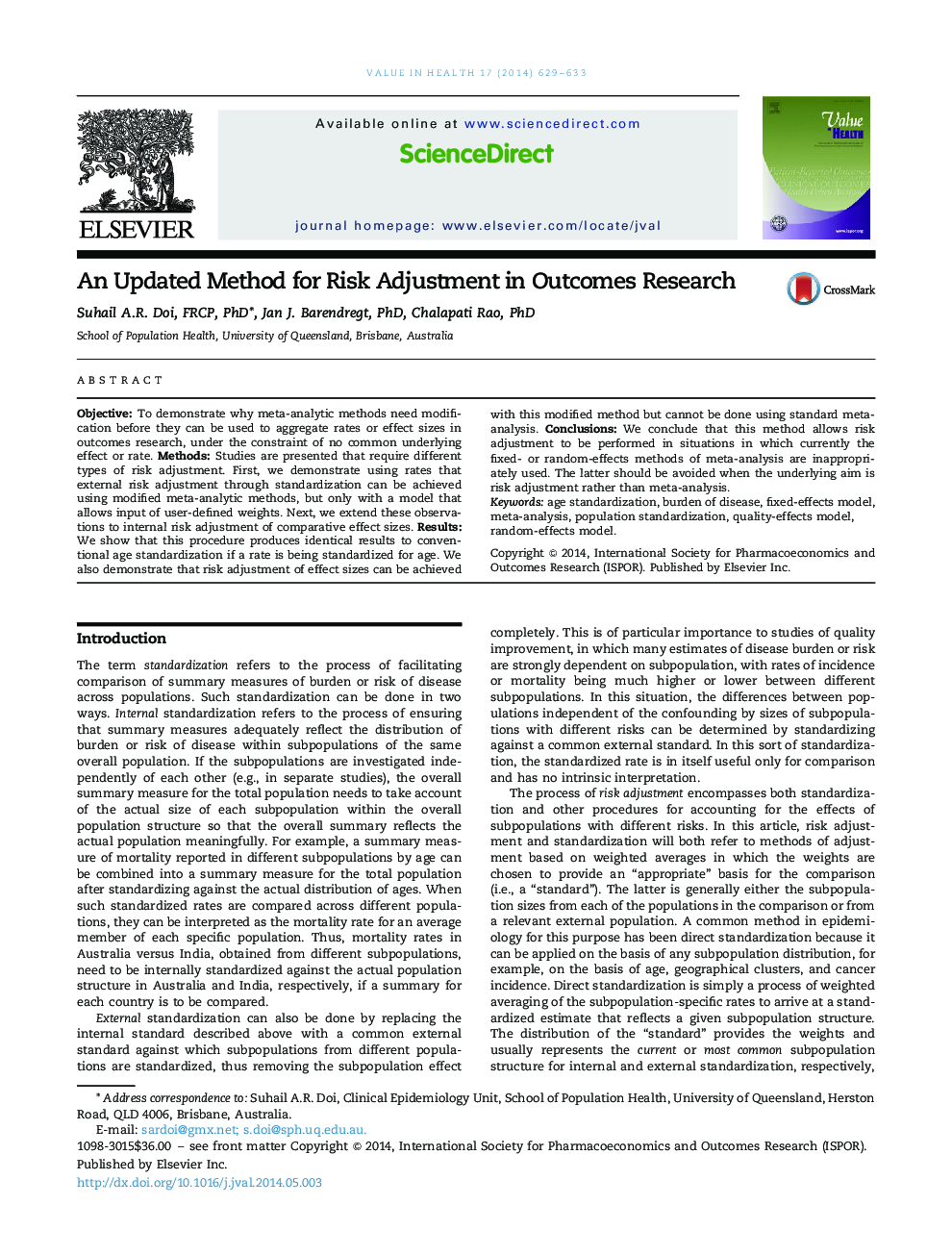 An Updated Method for Risk Adjustment in Outcomes Research