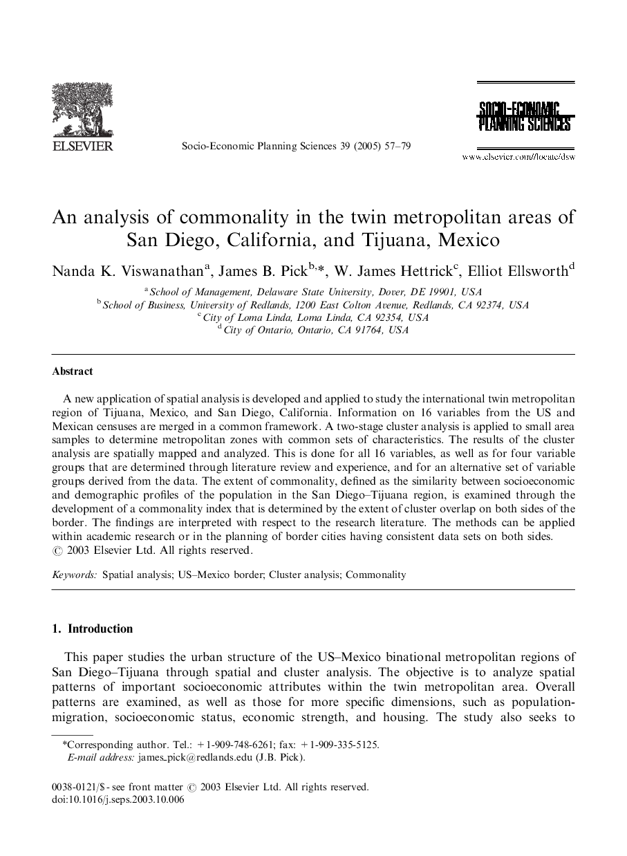 An analysis of commonality in the twin metropolitan areas of San Diego, California, and Tijuana, Mexico