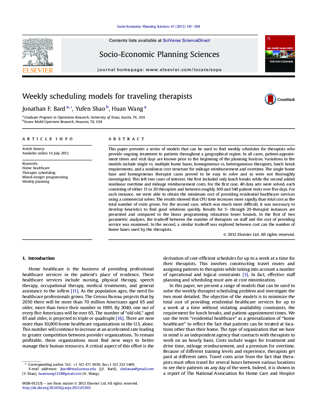 Weekly scheduling models for traveling therapists