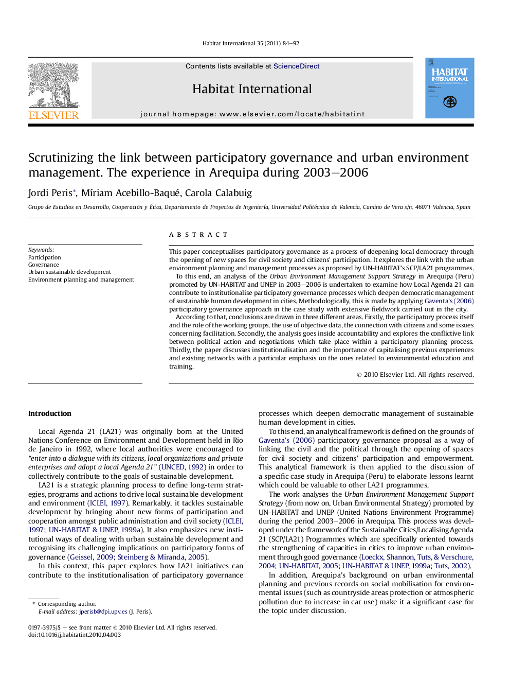 Scrutinizing the link between participatory governance and urban environment management. The experience in Arequipa during 2003–2006