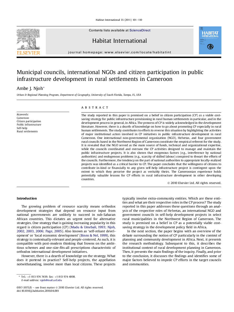 Municipal councils, international NGOs and citizen participation in public infrastructure development in rural settlements in Cameroon