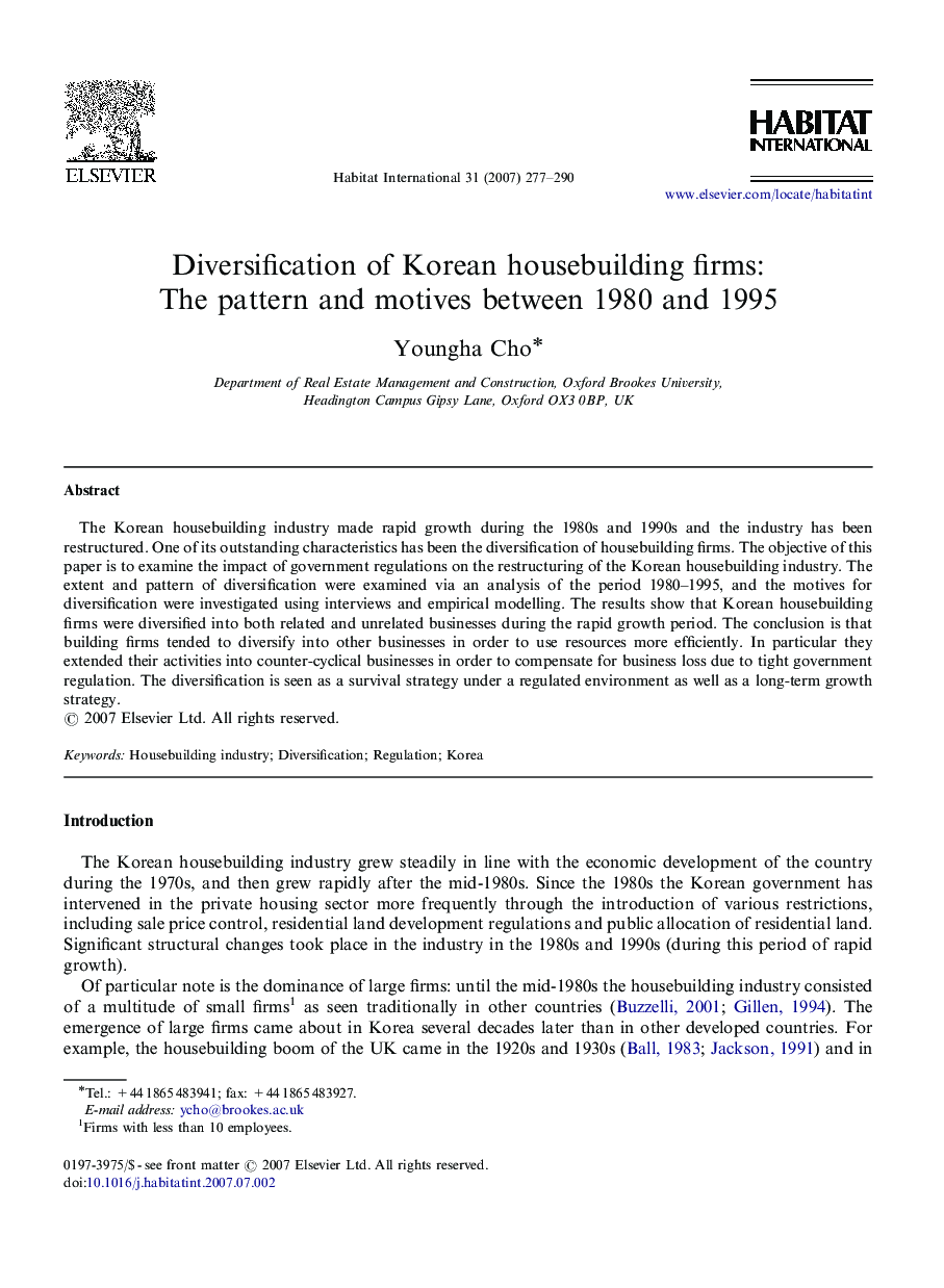 Diversification of Korean housebuilding firms: The pattern and motives between 1980 and 1995