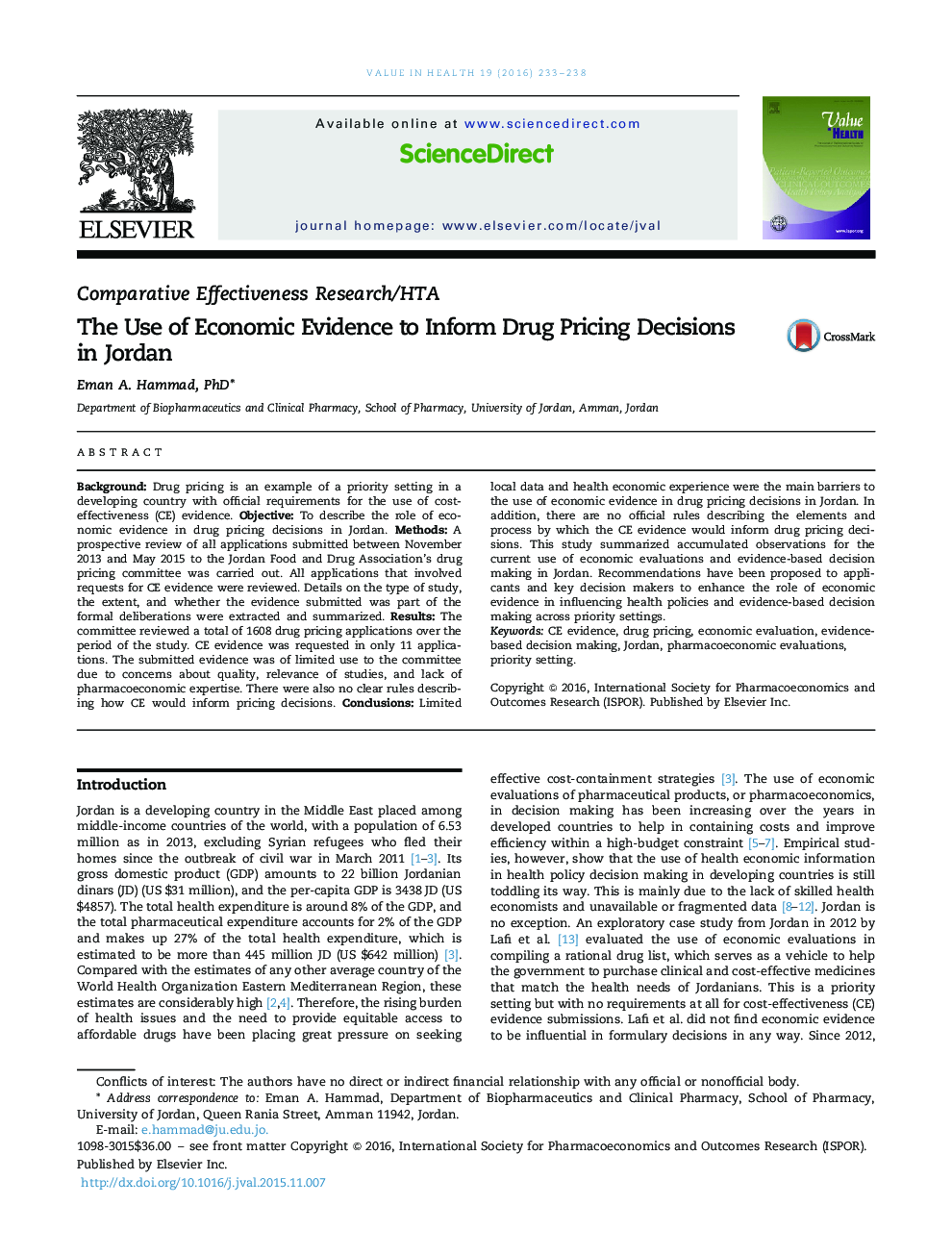 The Use of Economic Evidence to Inform Drug Pricing Decisions in Jordan
