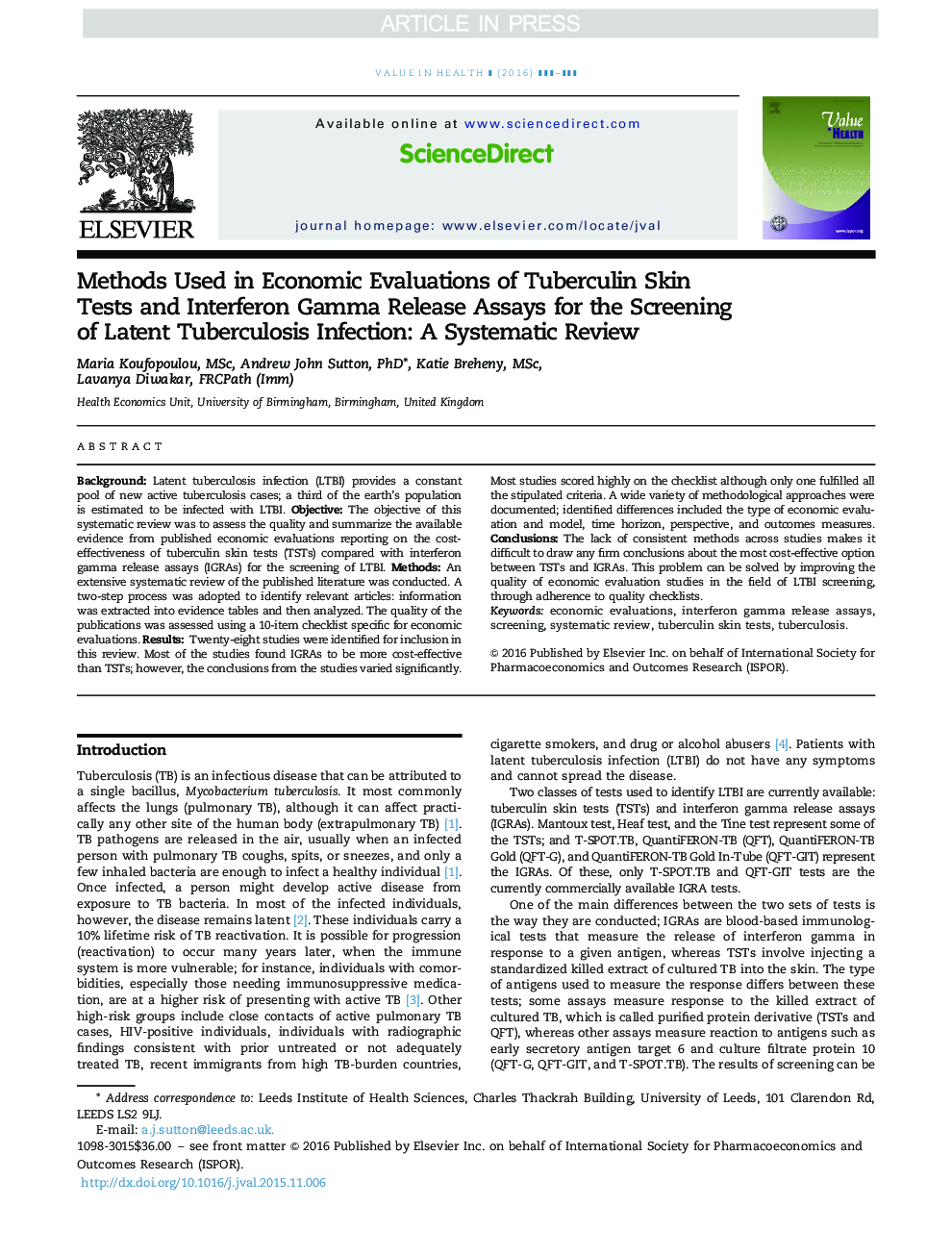 روش های مورد استفاده در ارزیابی های اقتصادی آزمایشات پوستی توبرکولین و آزمایش های آزمایشی گاما اینترفرون برای غربال کردن عفونت سل سلولی: یک بررسی سیستماتیک 