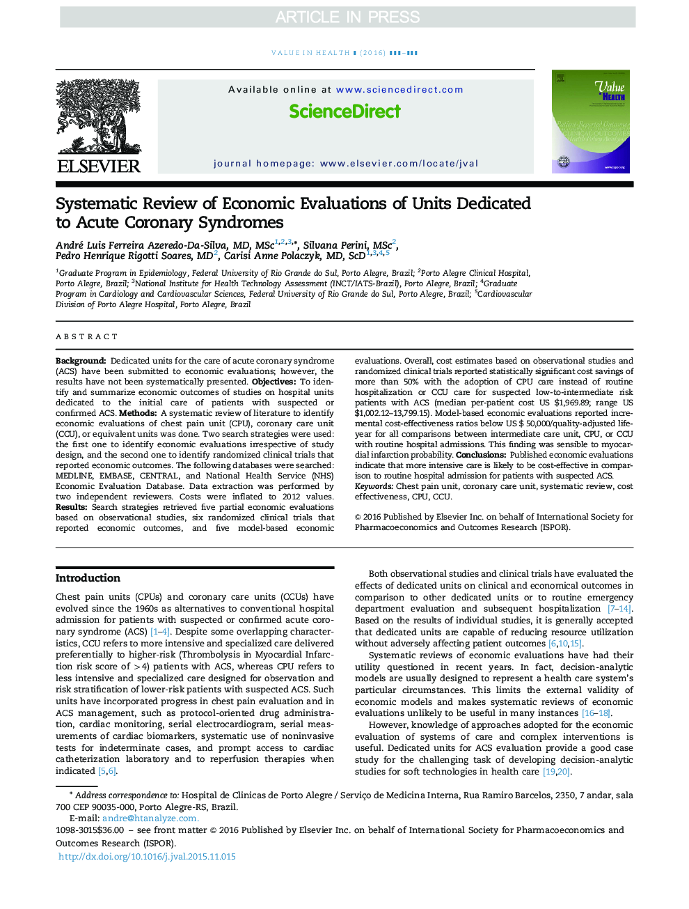 Systematic Review of Economic Evaluations of Units Dedicated to Acute Coronary Syndromes