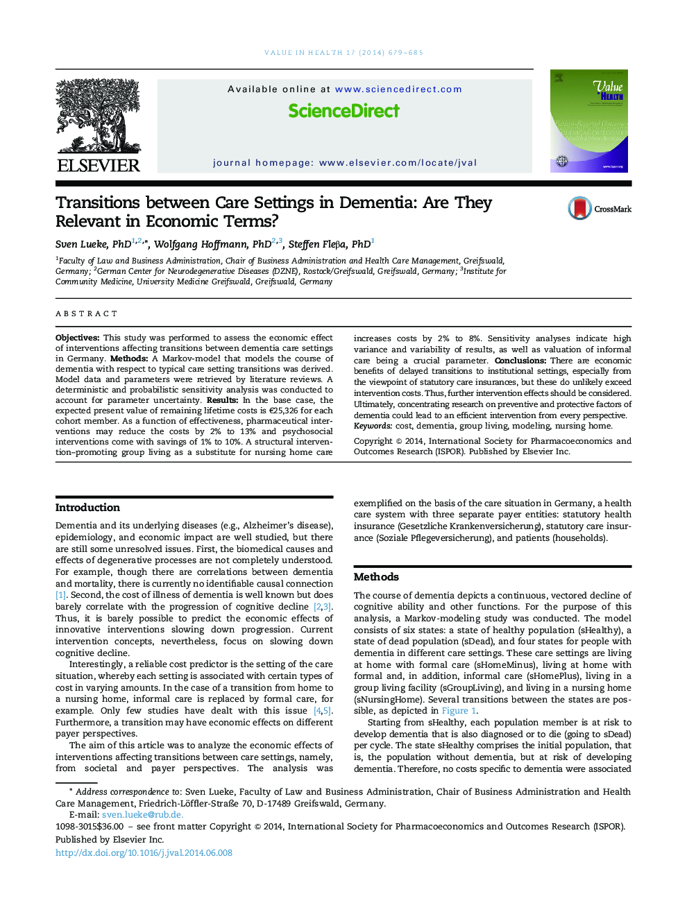 Transitions between Care Settings in Dementia: Are They Relevant in Economic Terms?