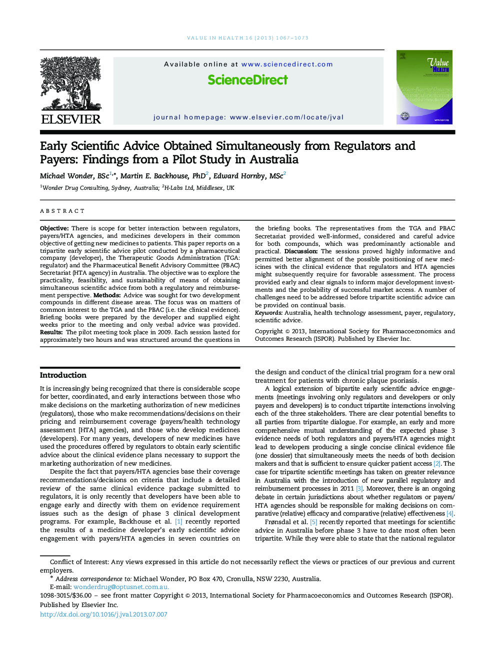 Early Scientific Advice Obtained Simultaneously from Regulators and Payers: Findings from a Pilot Study in Australia