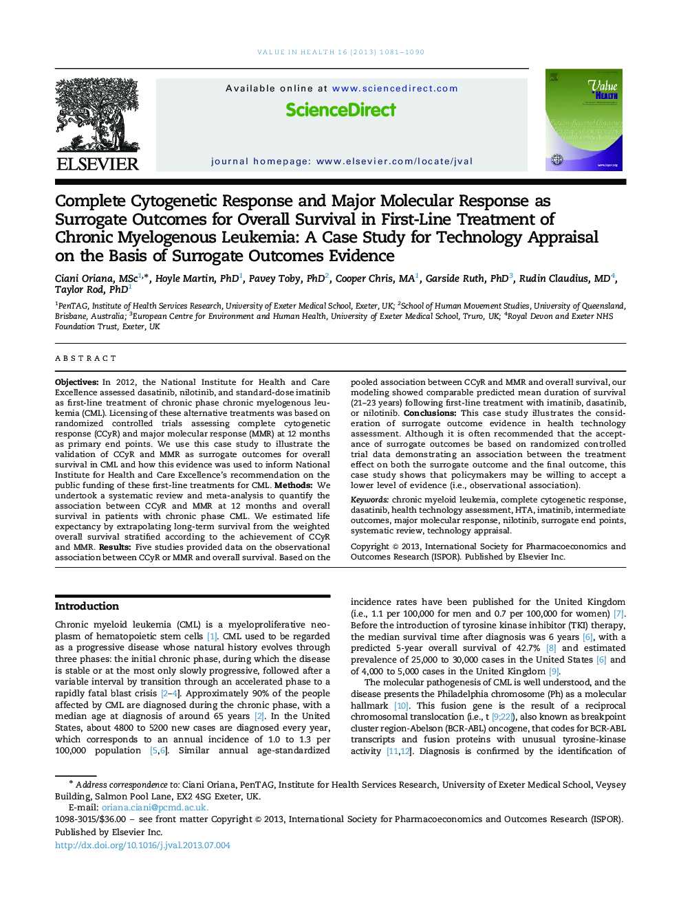 Complete Cytogenetic Response and Major Molecular Response as Surrogate Outcomes for Overall Survival in First-Line Treatment of Chronic Myelogenous Leukemia: A Case Study for Technology Appraisal on the Basis of Surrogate Outcomes Evidence