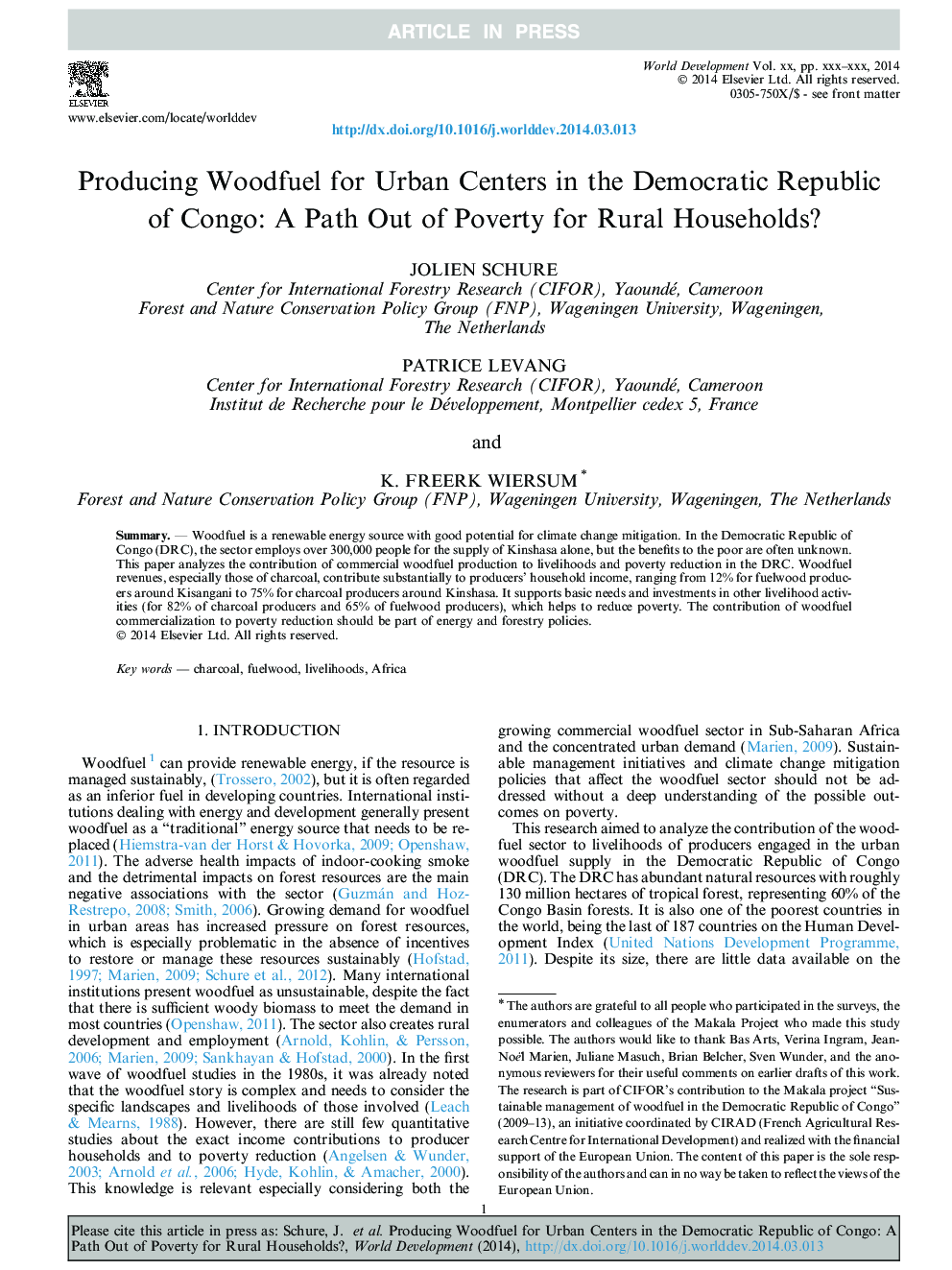 Producing Woodfuel for Urban Centers in the Democratic Republic of Congo: A Path Out of Poverty for Rural Households?