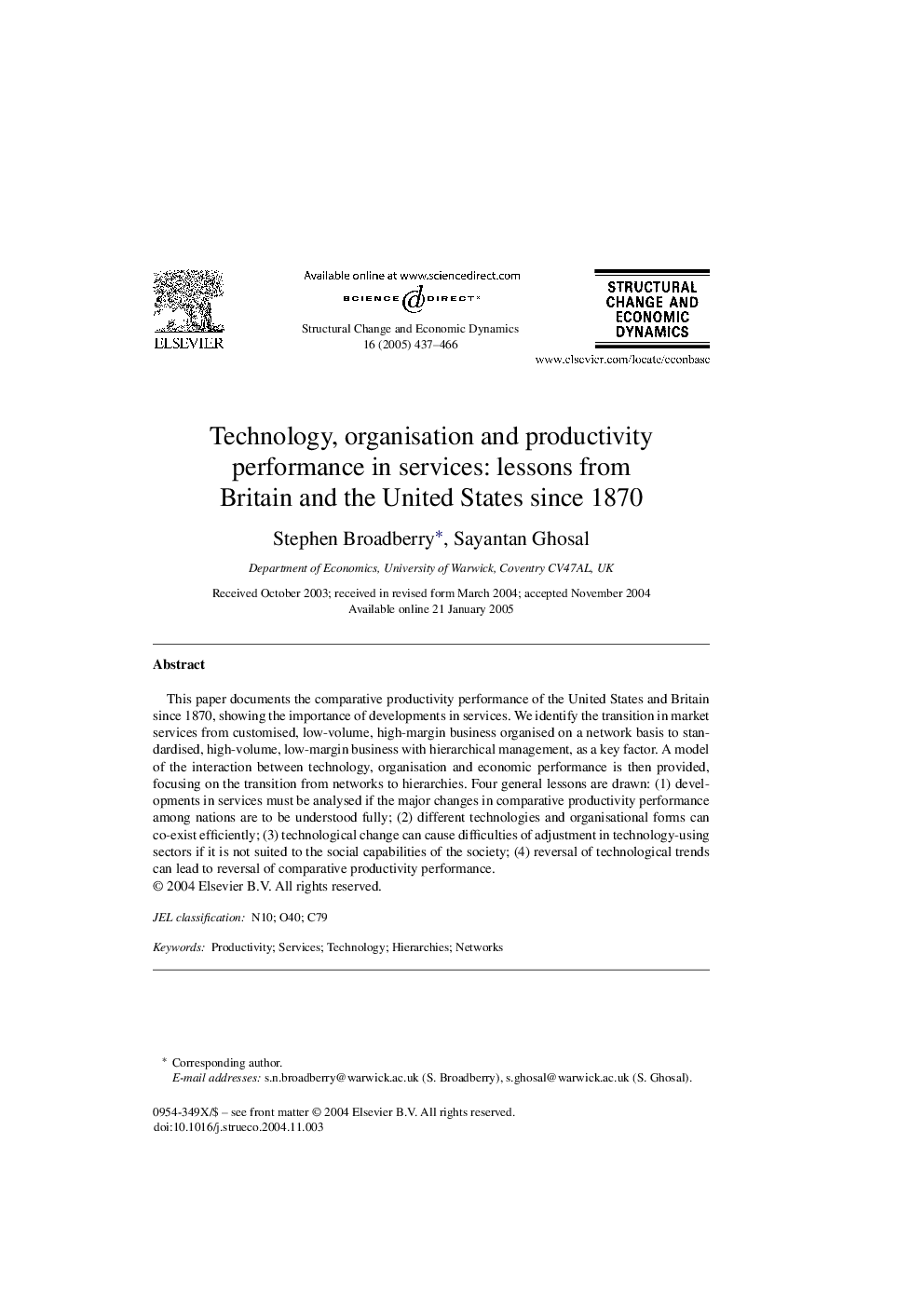 Technology, organisation and productivity performance in services: lessons from Britain and the United States since 1870