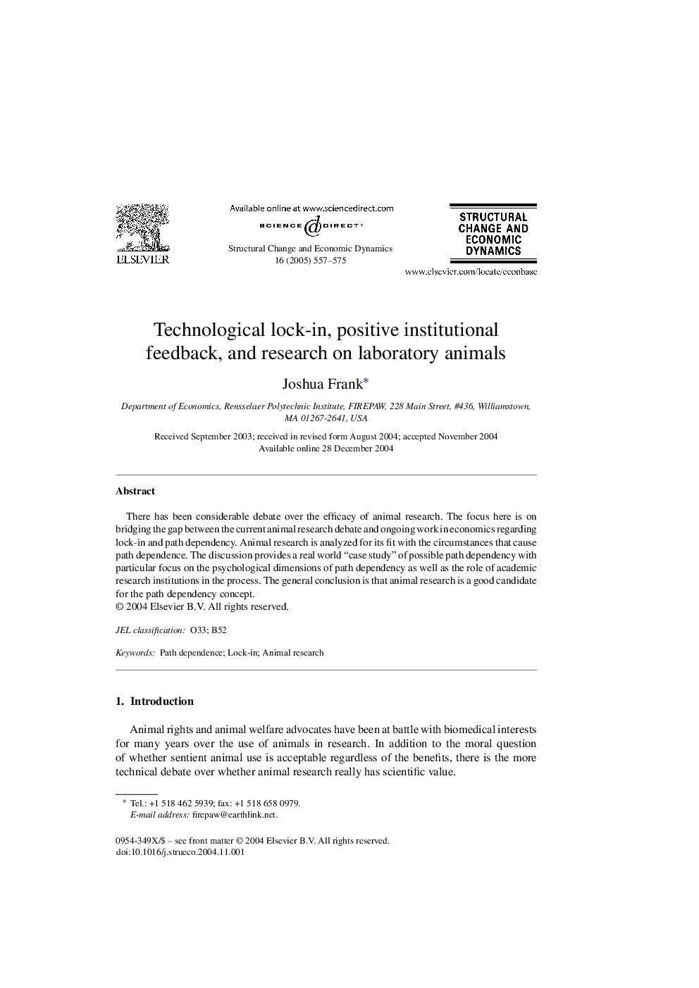 Technological lock-in, positive institutional feedback, and research on laboratory animals