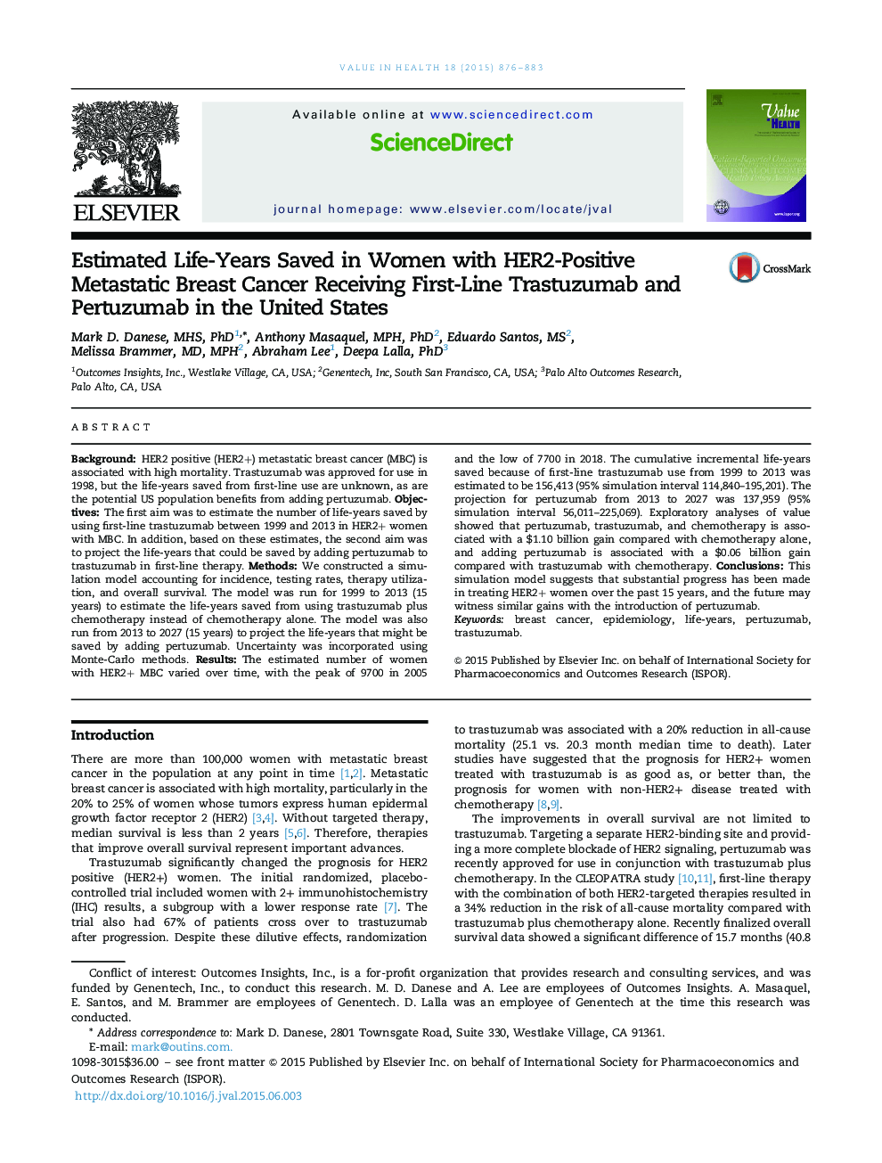 Estimated Life-Years Saved in Women with HER2-Positive Metastatic Breast Cancer Receiving First-Line Trastuzumab and Pertuzumab in the United States