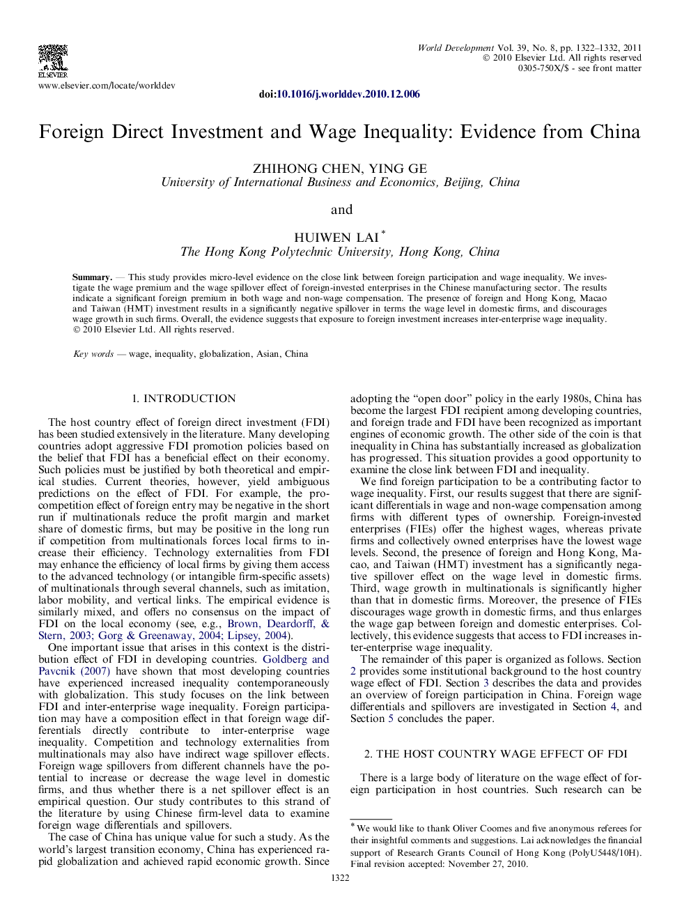 Foreign Direct Investment and Wage Inequality: Evidence from China