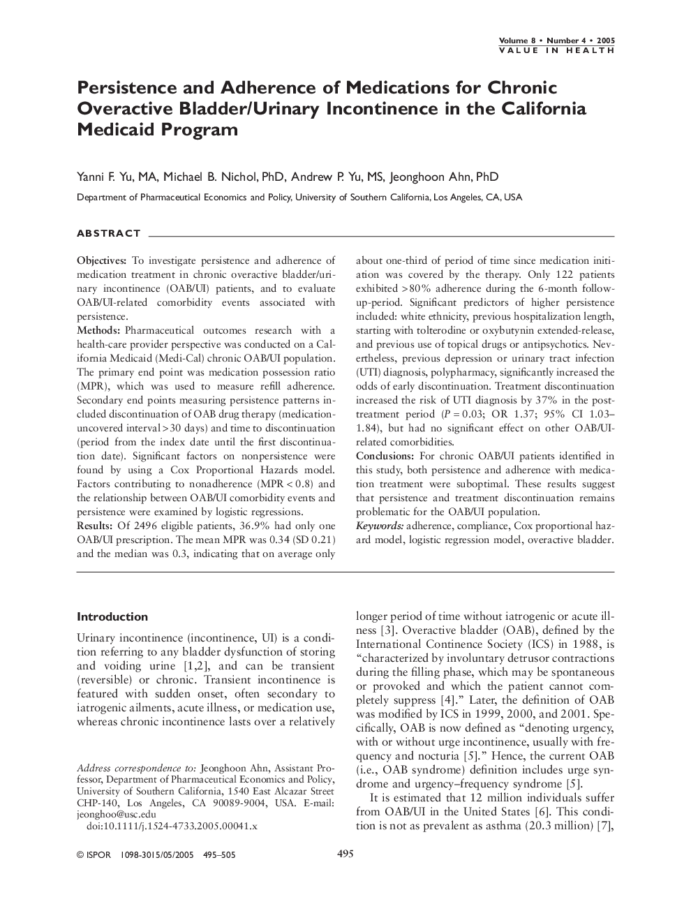 Persistence and Adherence of Medications for Chronic Overactive Bladder/Urinary Incontinence in the California Medicaid Program