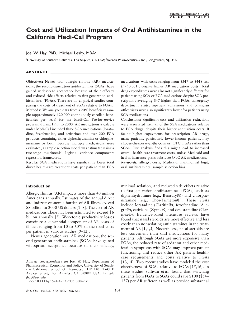 Cost and Utilization Impacts of Oral Antihistamines in the California Medi-Cal Program