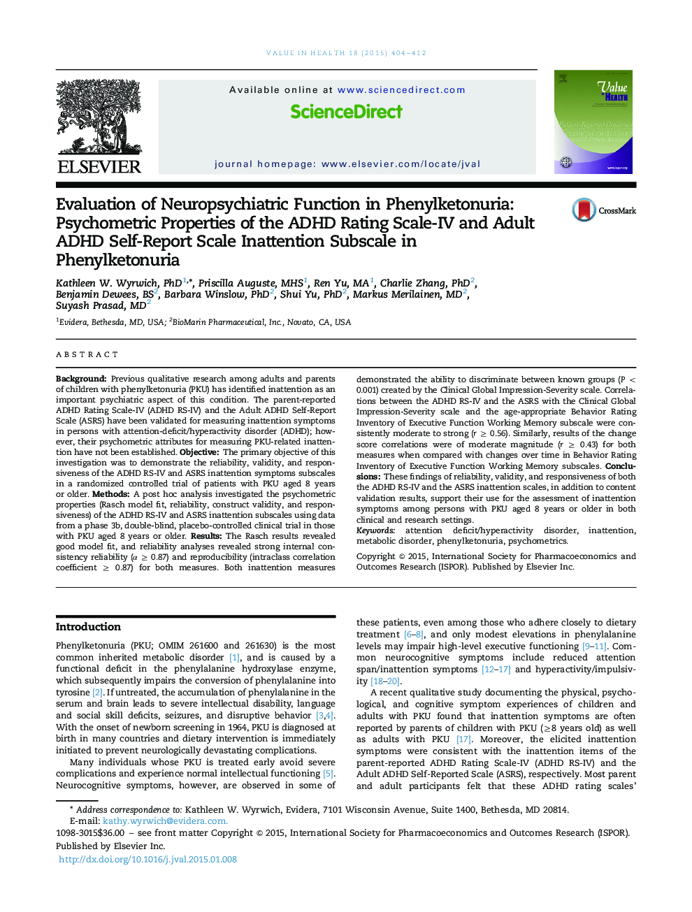 Evaluation of Neuropsychiatric Function in Phenylketonuria: Psychometric Properties of the ADHD Rating Scale-IV and Adult ADHD Self-Report Scale Inattention Subscale in Phenylketonuria