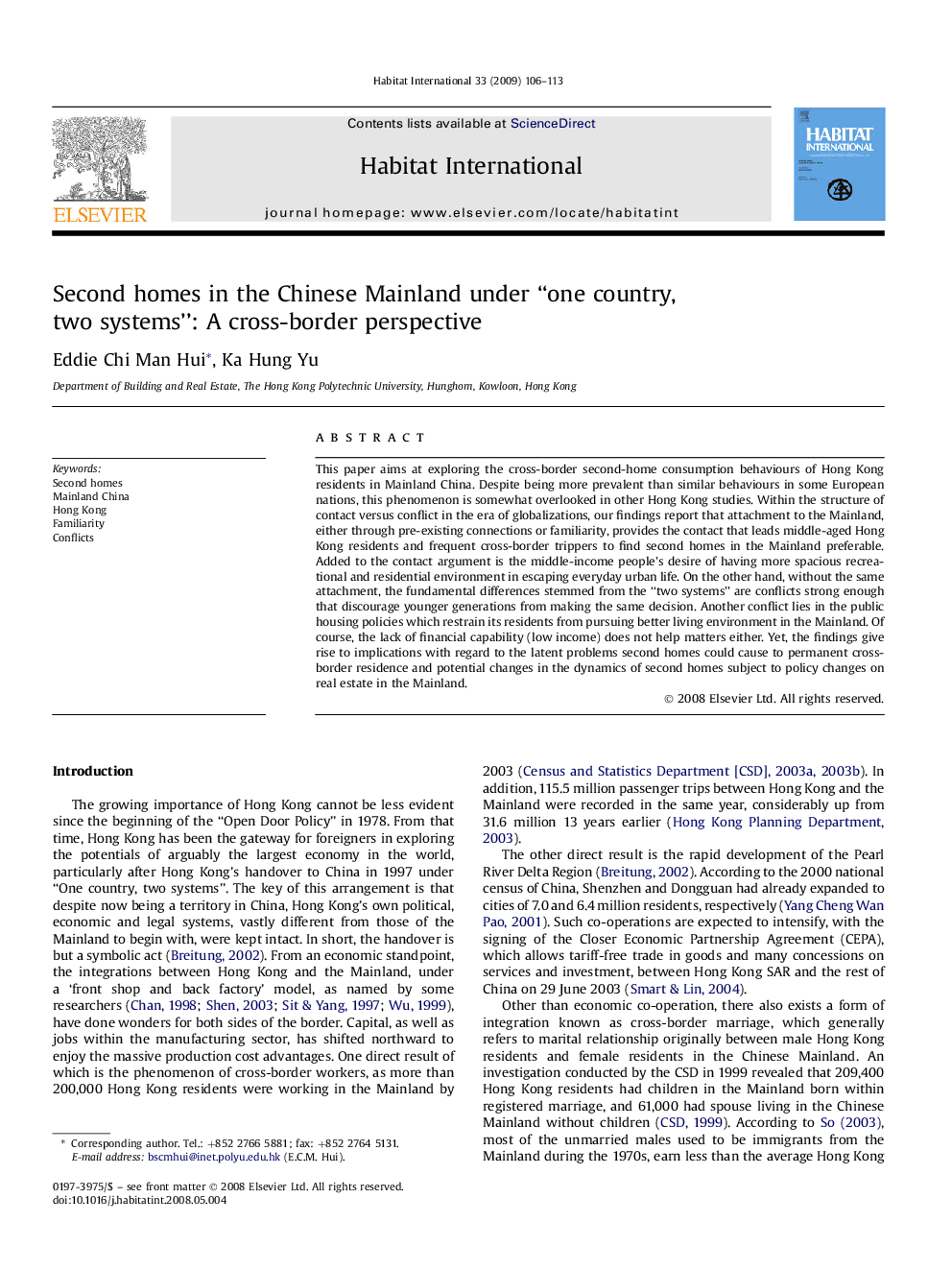 Second homes in the Chinese Mainland under “one country, two systems”: A cross-border perspective