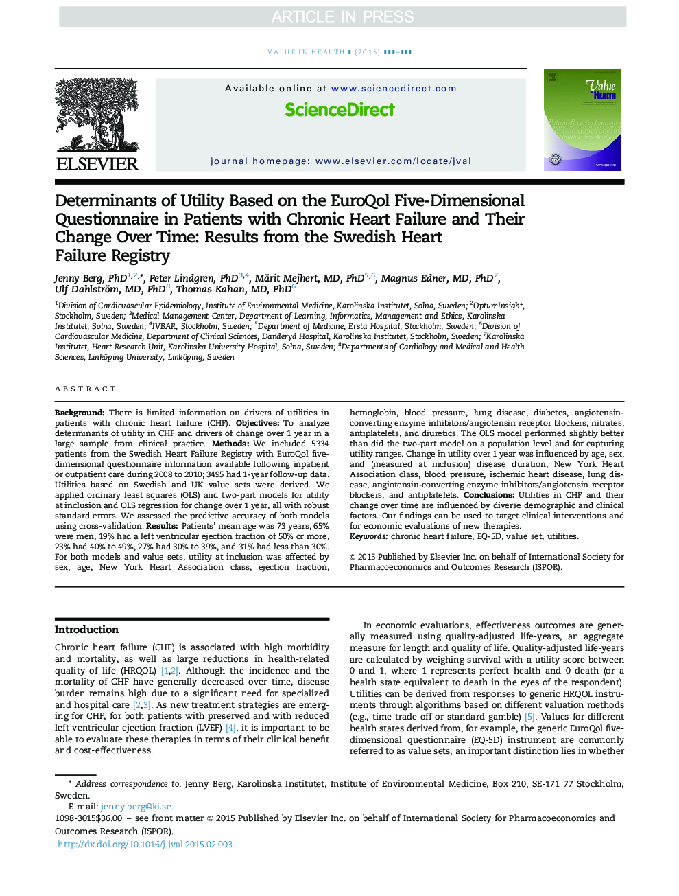 Determinants of Utility Based on the EuroQol Five-Dimensional Questionnaire in Patients with Chronic Heart Failure and Their Change Over Time: Results from the Swedish Heart Failure Registry