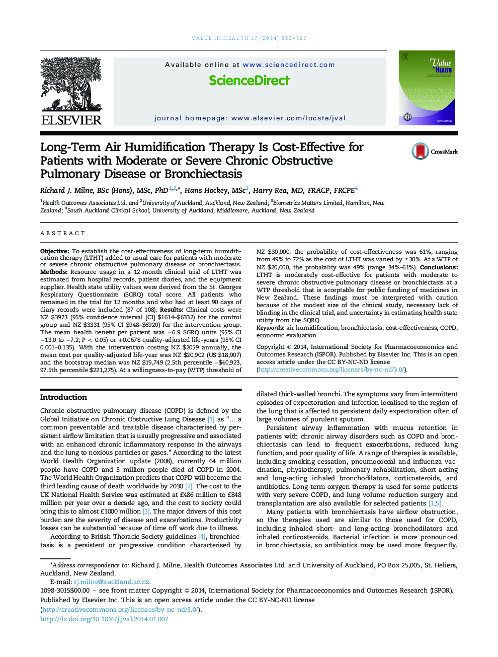 Long-Term Air Humidification Therapy Is Cost-Effective for Patients with Moderate or Severe Chronic Obstructive Pulmonary Disease or Bronchiectasis