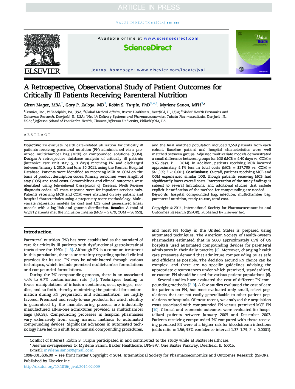 A Retrospective, Observational Study of Patient Outcomes for Critically Ill Patients Receiving Parenteral Nutrition