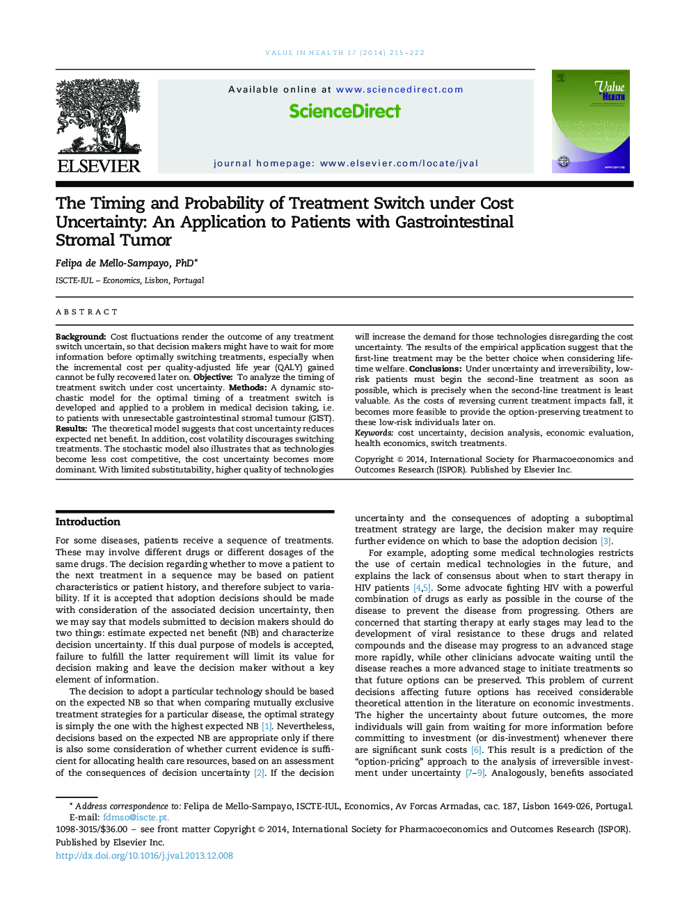 The Timing and Probability of Treatment Switch under Cost Uncertainty: An Application to Patients with Gastrointestinal Stromal Tumor