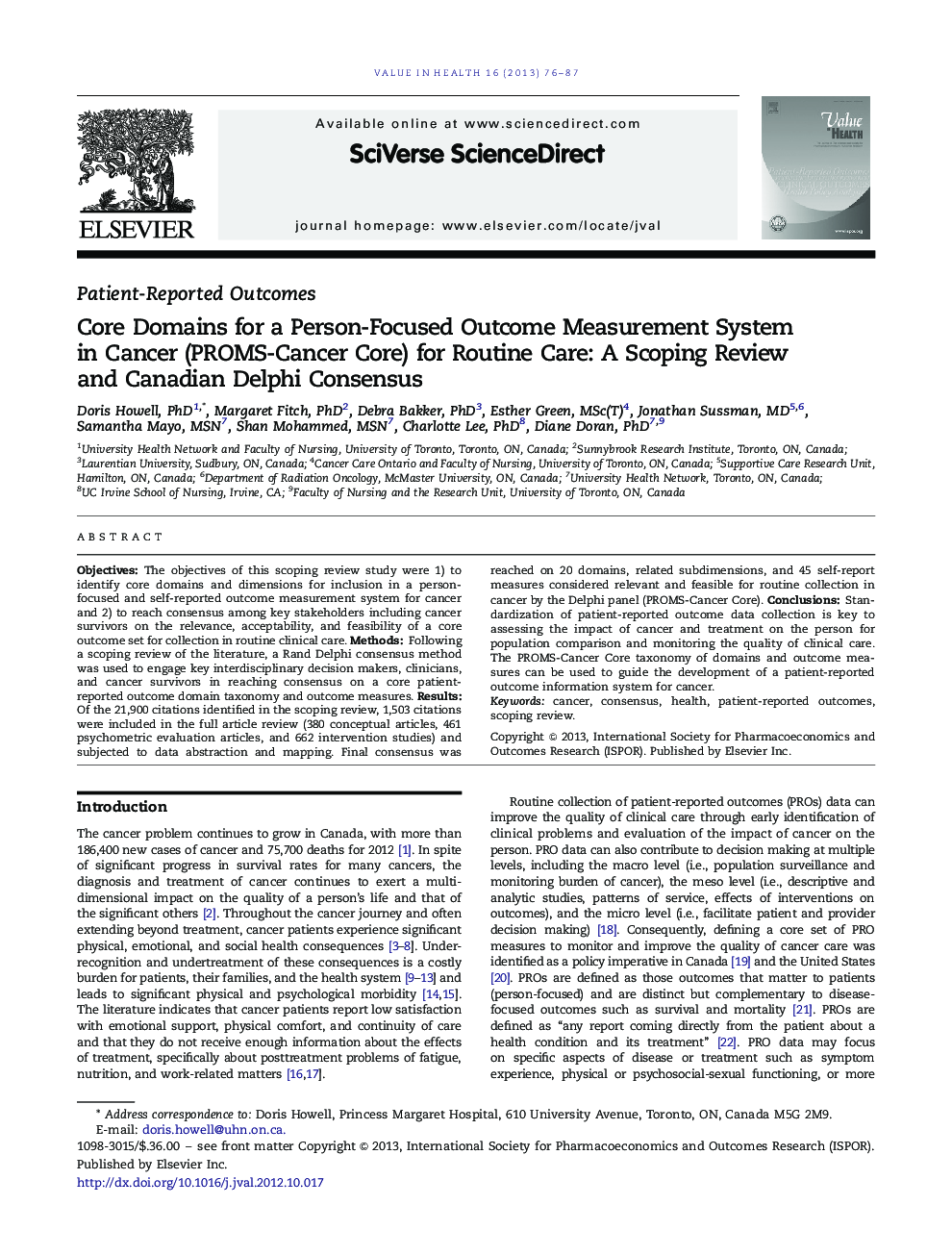 Core Domains for a Person-Focused Outcome Measurement System in Cancer (PROMS-Cancer Core) for Routine Care: A Scoping Review and Canadian Delphi Consensus