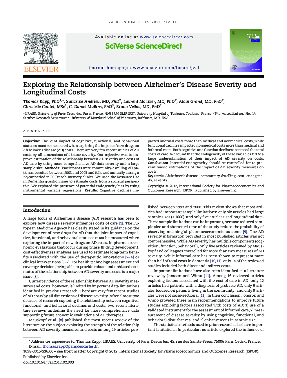 Exploring the Relationship between Alzheimer's Disease Severity and Longitudinal Costs