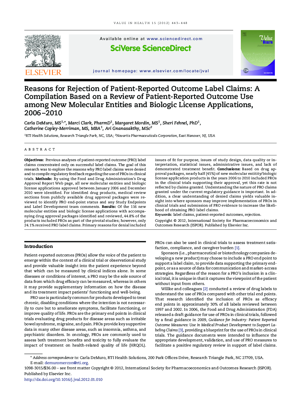 Reasons for Rejection of Patient-Reported Outcome Label Claims: A Compilation Based on a Review of Patient-Reported Outcome Use among New Molecular Entities and Biologic License Applications, 2006-2010