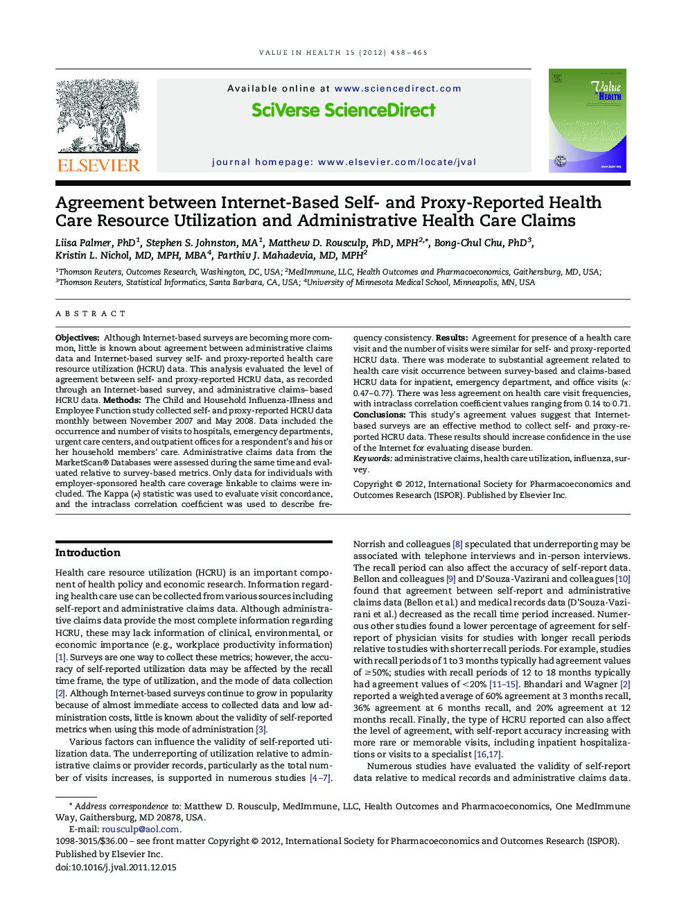 Agreement between Internet-Based Self- and Proxy-Reported Health Care Resource Utilization and Administrative Health Care Claims