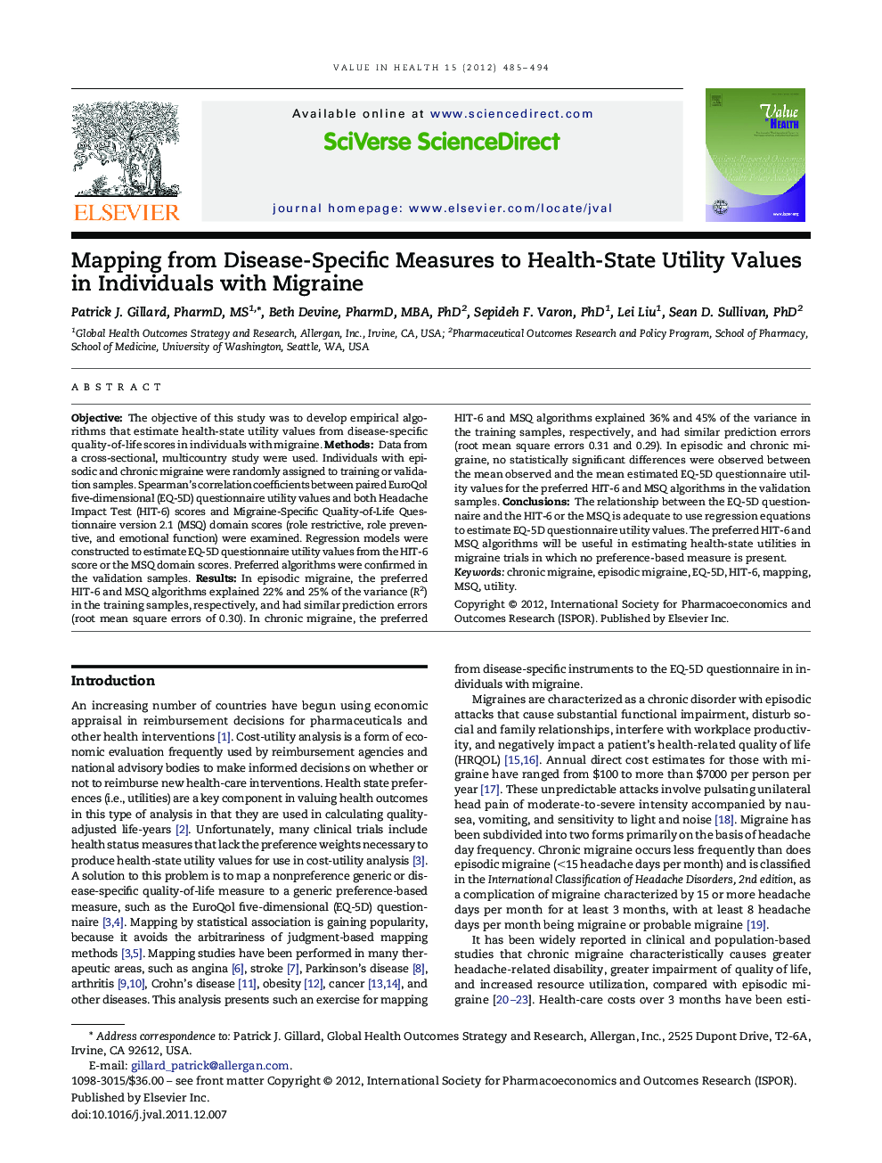 Mapping from Disease-Specific Measures to Health-State Utility Values in Individuals with Migraine