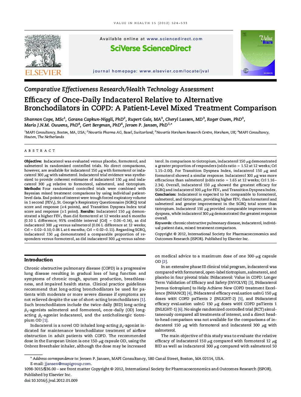 Efficacy of Once-Daily Indacaterol Relative to Alternative Bronchodilators in COPD: A Patient-Level Mixed Treatment Comparison