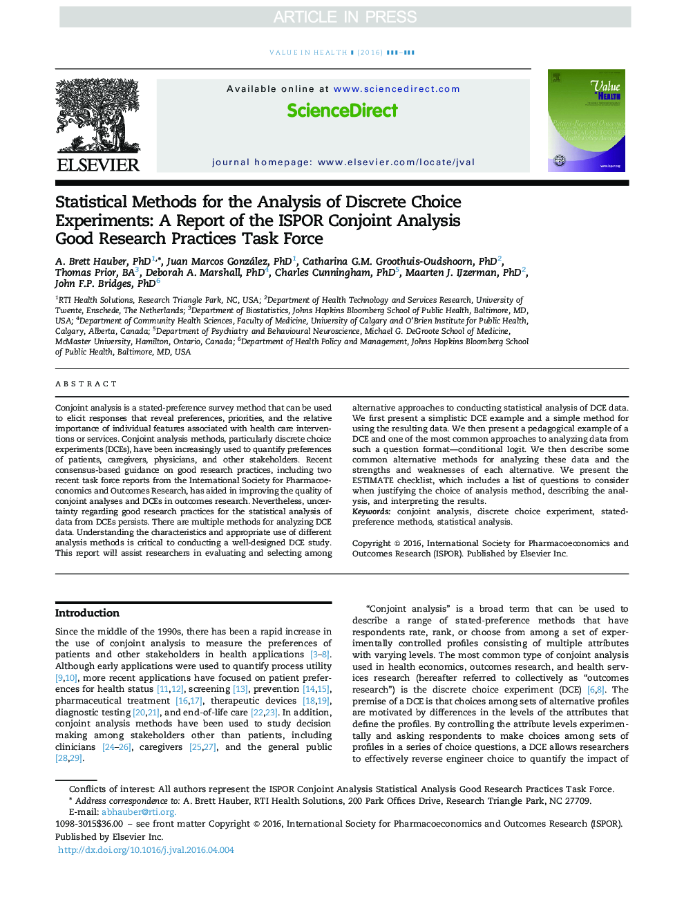 Statistical Methods for the Analysis of Discrete Choice Experiments: A Report of the ISPOR Conjoint Analysis Good Research Practices Task Force