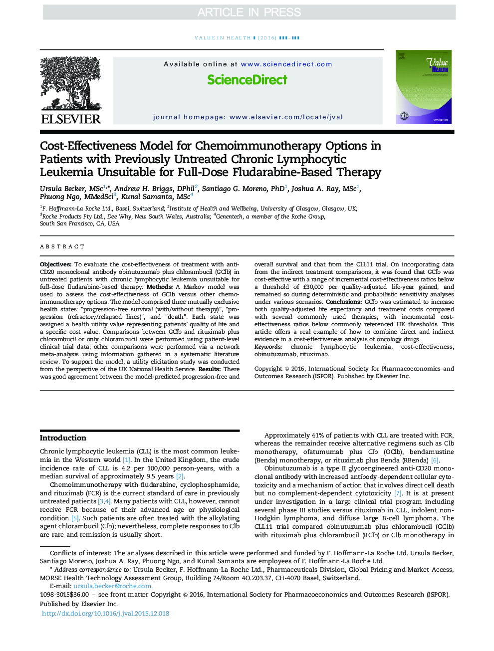 Cost-Effectiveness Model for Chemoimmunotherapy Options in Patients with Previously Untreated Chronic Lymphocytic Leukemia Unsuitable for Full-Dose Fludarabine-Based Therapy