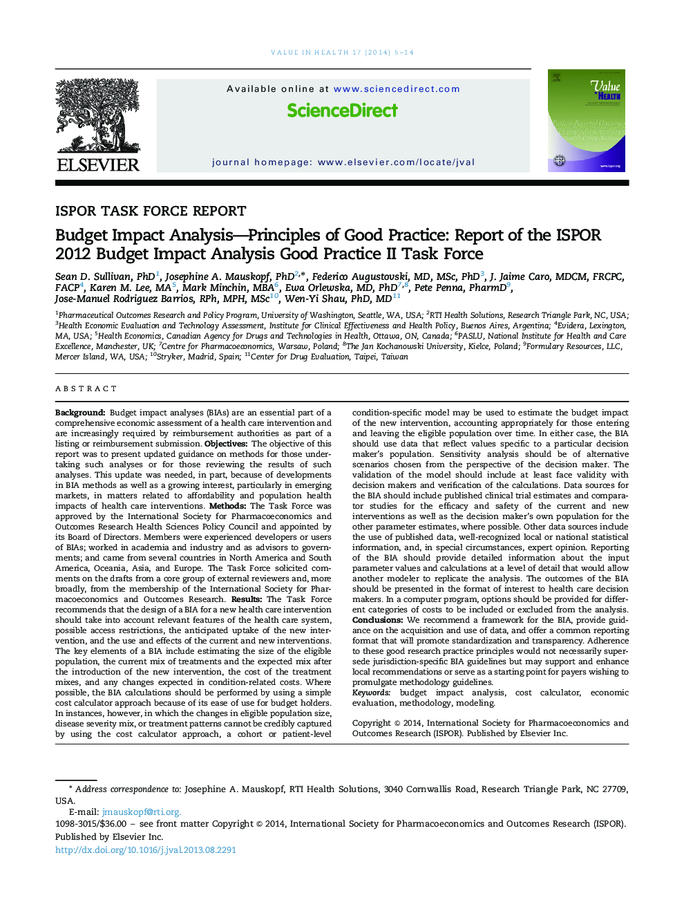 Budget Impact Analysis-Principles of Good Practice: Report of the ISPOR 2012 Budget Impact Analysis Good Practice II Task Force
