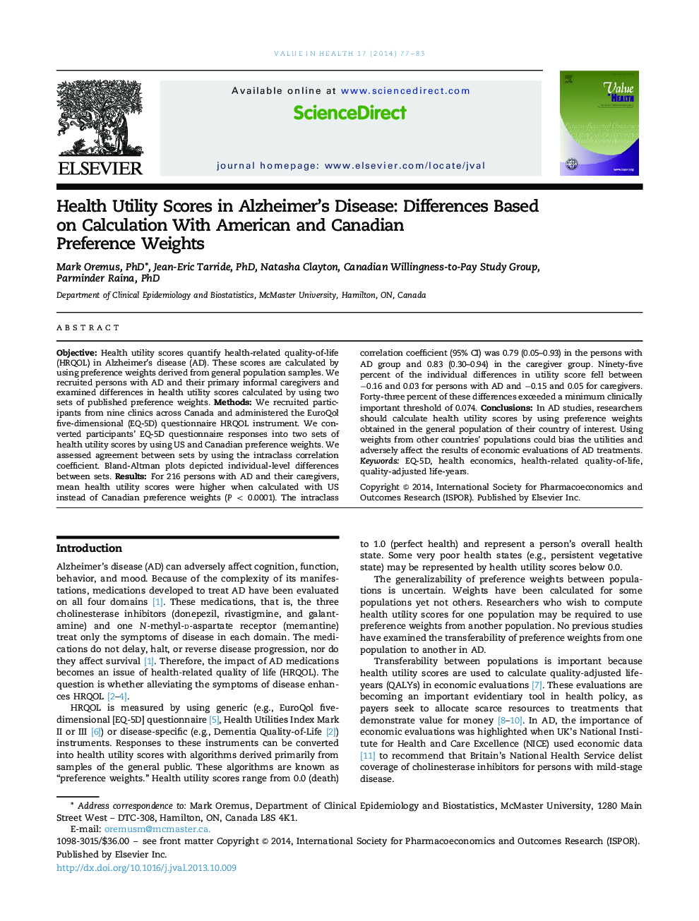 Health Utility Scores in Alzheimer's Disease: Differences Based on Calculation With American and Canadian Preference Weights