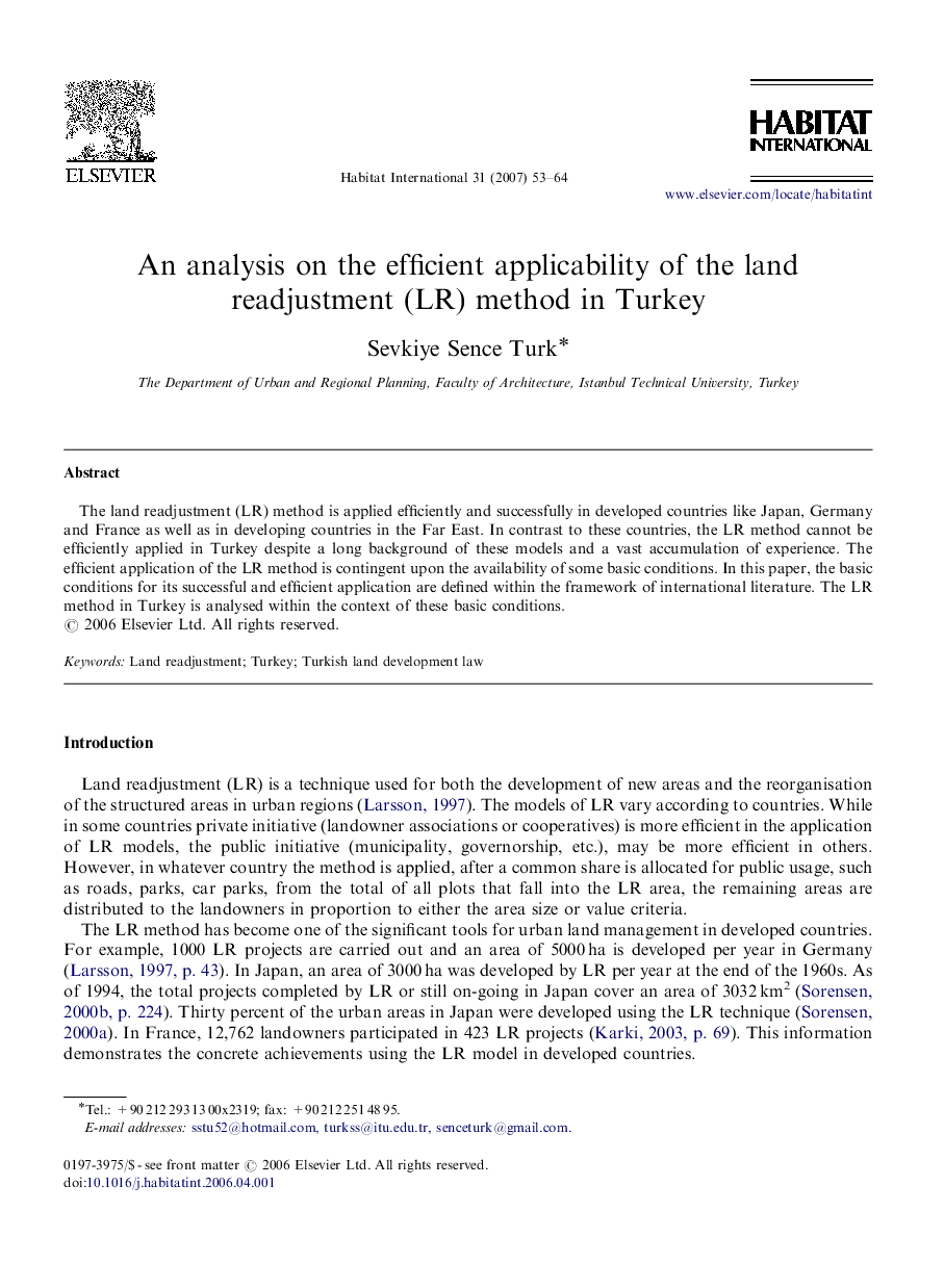 An analysis on the efficient applicability of the land readjustment (LR) method in Turkey