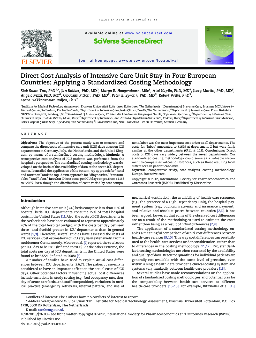 Direct Cost Analysis of Intensive Care Unit Stay in Four European Countries: Applying a Standardized Costing Methodology
