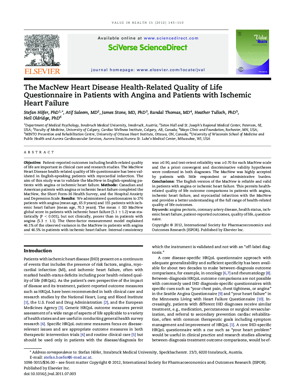 The MacNew Heart Disease Health-Related Quality of Life Questionnaire in Patients with Angina and Patients with Ischemic Heart Failure